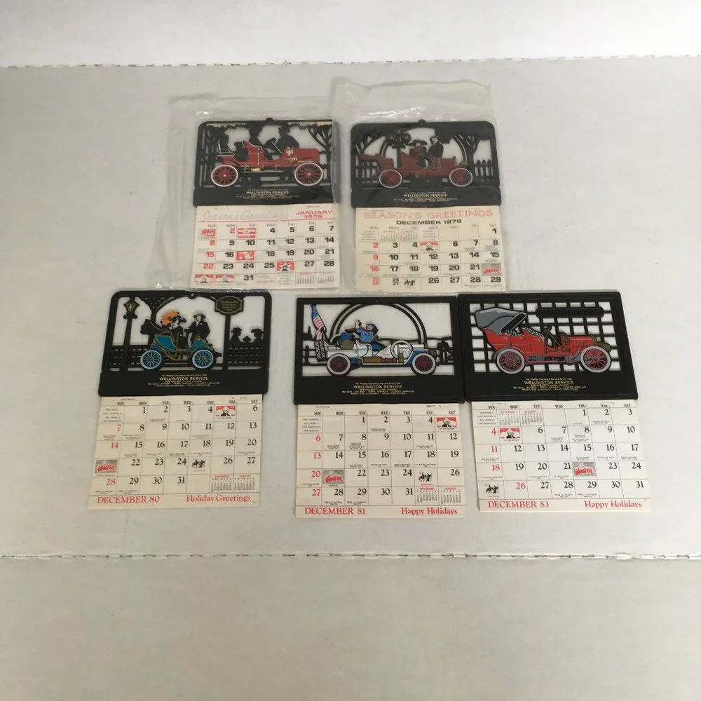Vintage car service place calendar lot plastic cut out tops old cars silhouette